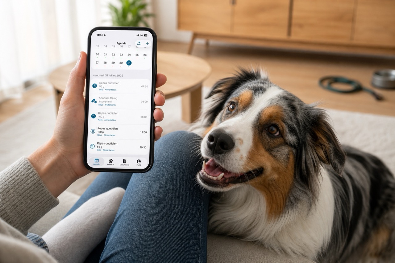 L’application de démonstration ANISENS affichée sur un iPhone tenu en main auprès d’un chien.