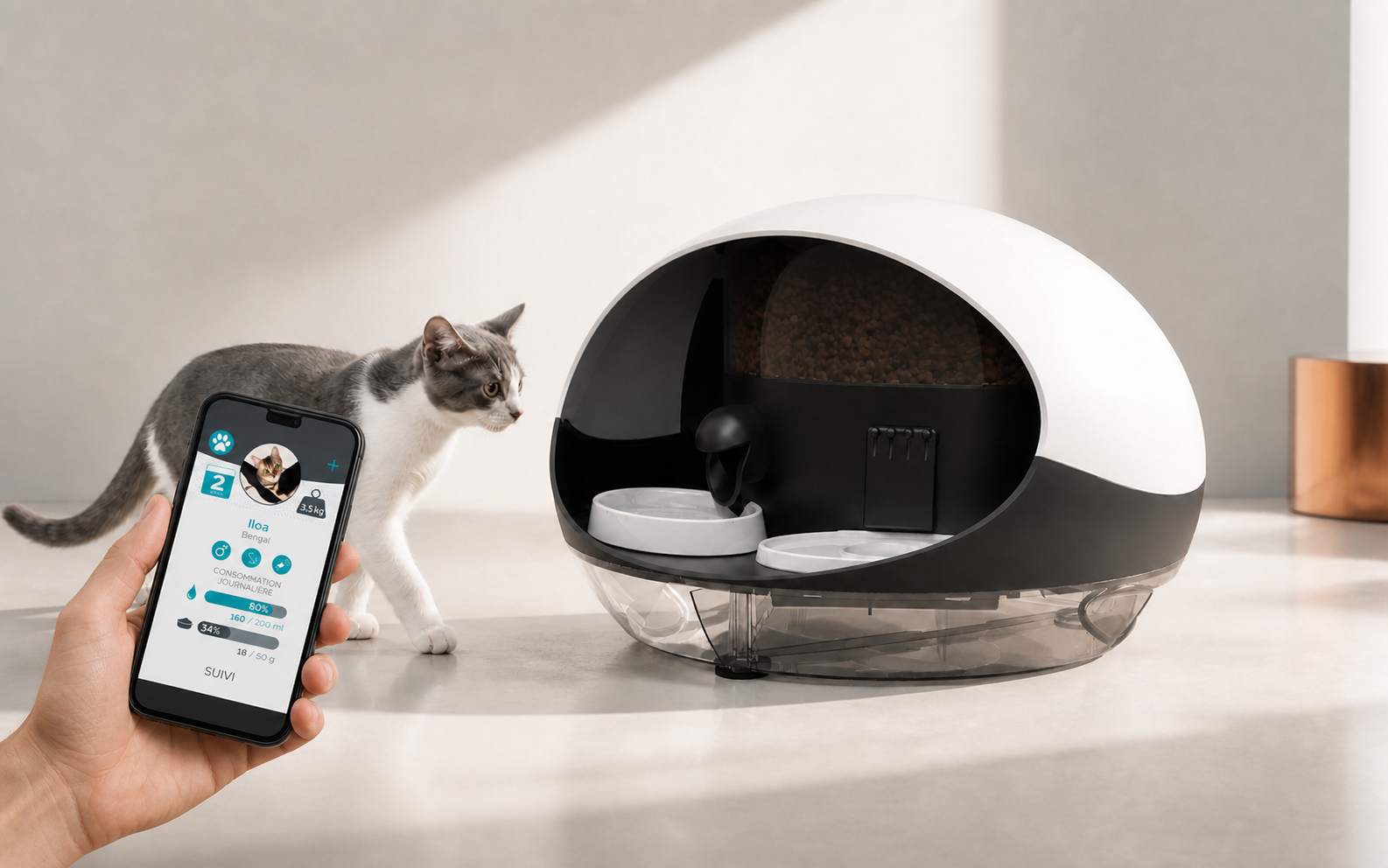 Un chat s’approche du distributeur connecté Catspad dans une mise en scène épurée.