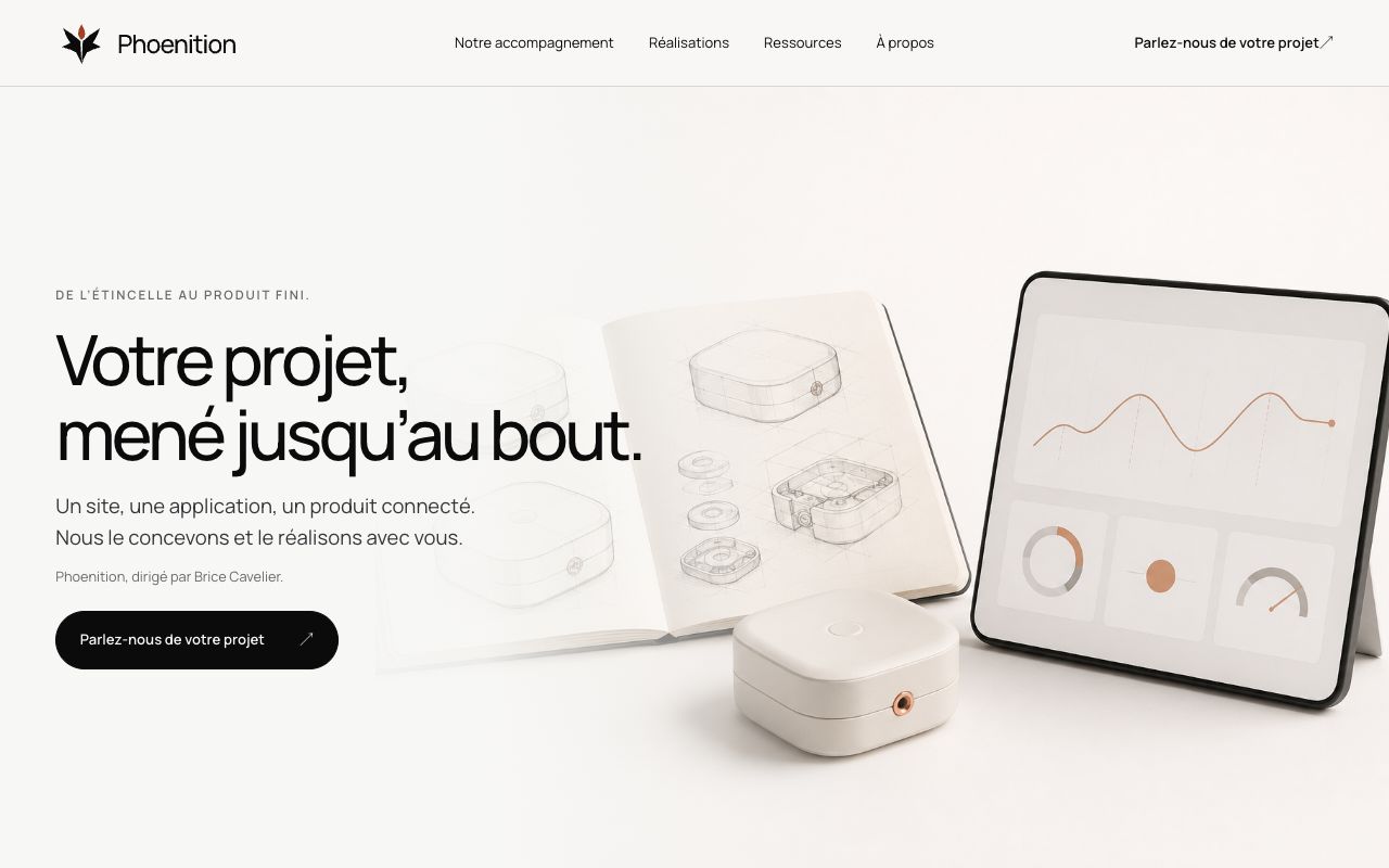 Accueil actuel de Phoenition, partie visible du bureau d’études augmenté par IA.