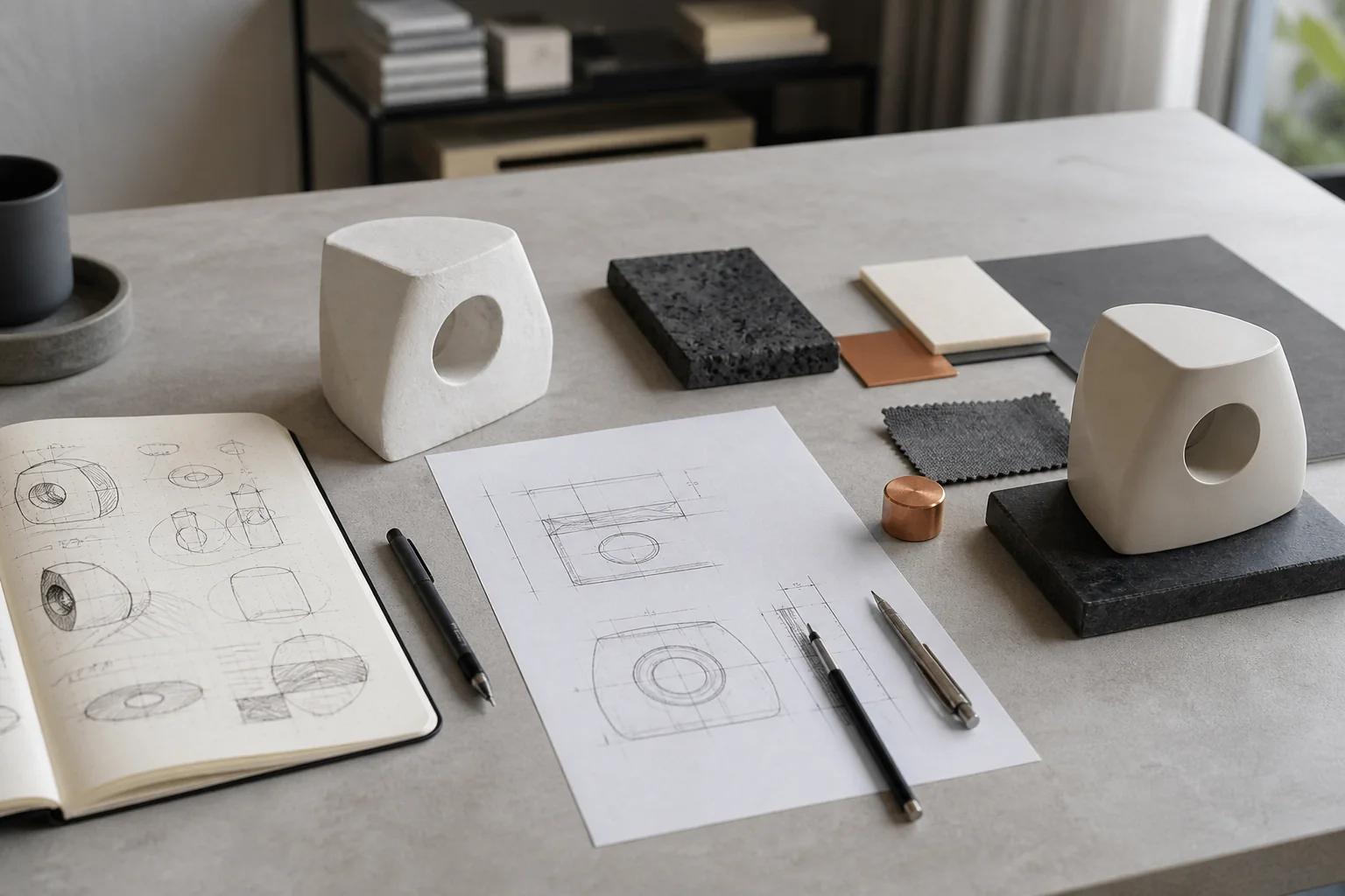 Une table de conception réunissant des croquis, des plans, des échantillons de matière et deux maquettes de forme.