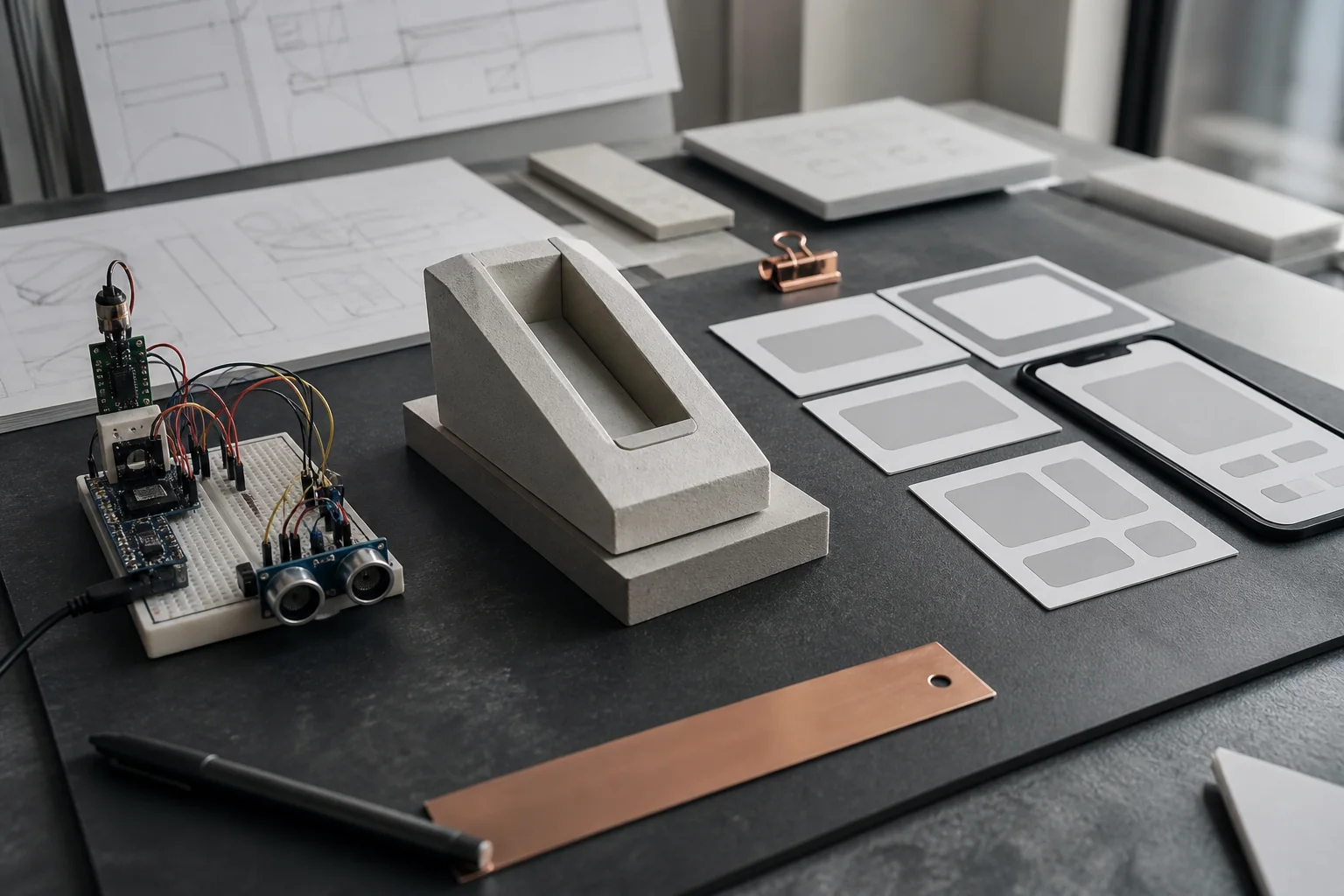 Un montage électronique, une maquette physique et des écrans simplifiés disposés côte à côte sur une table de travail.